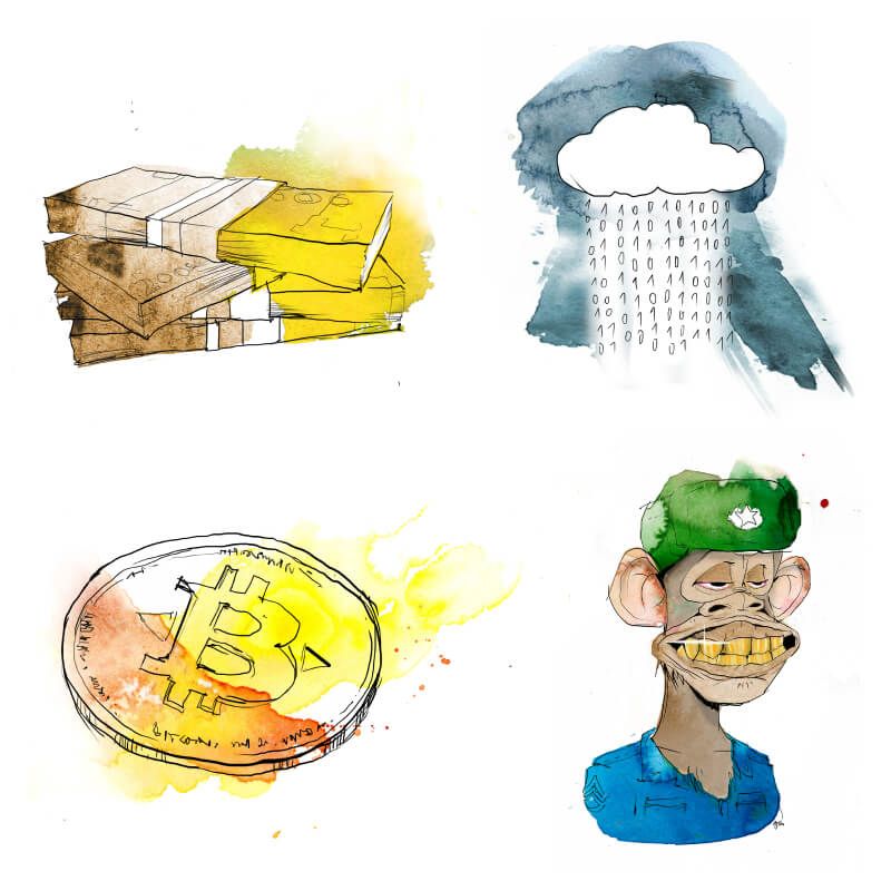 Illustrations of gold bars, a cloud, a bitcoin and an NFT ape