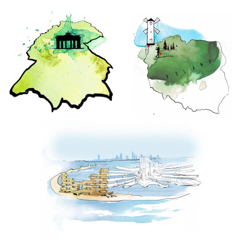 Illustrations of Berlin, Poland and Dubai